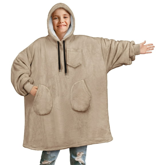 PAVILIA Wearable Blanket Sweatshirt for Kids Boy Girl, Warm Cozy Giant Hoodie with Two Pockets and Long Sleeves, Fleece Sherpa Oversized Hooded Blanket Pullover Gift for Teens Youths, Taupe Tan