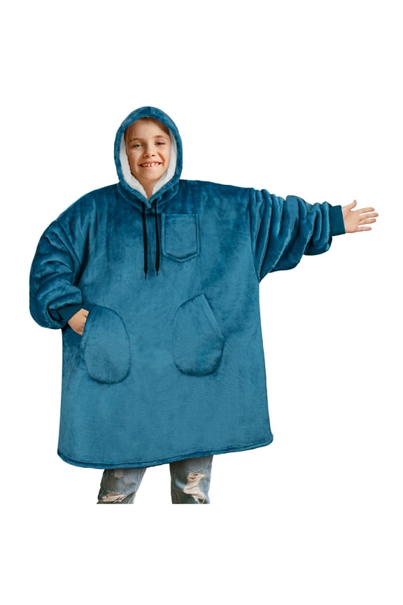 Wearable Blanket Sweatshirt for Kids Boy Girl, Warm Cozy Giant Hoodie with Two Pockets and Long Sleeves, Fleece Sherpa Oversized Hooded Blanket Pullover Gift for Teens Youths, Turquoise Teal