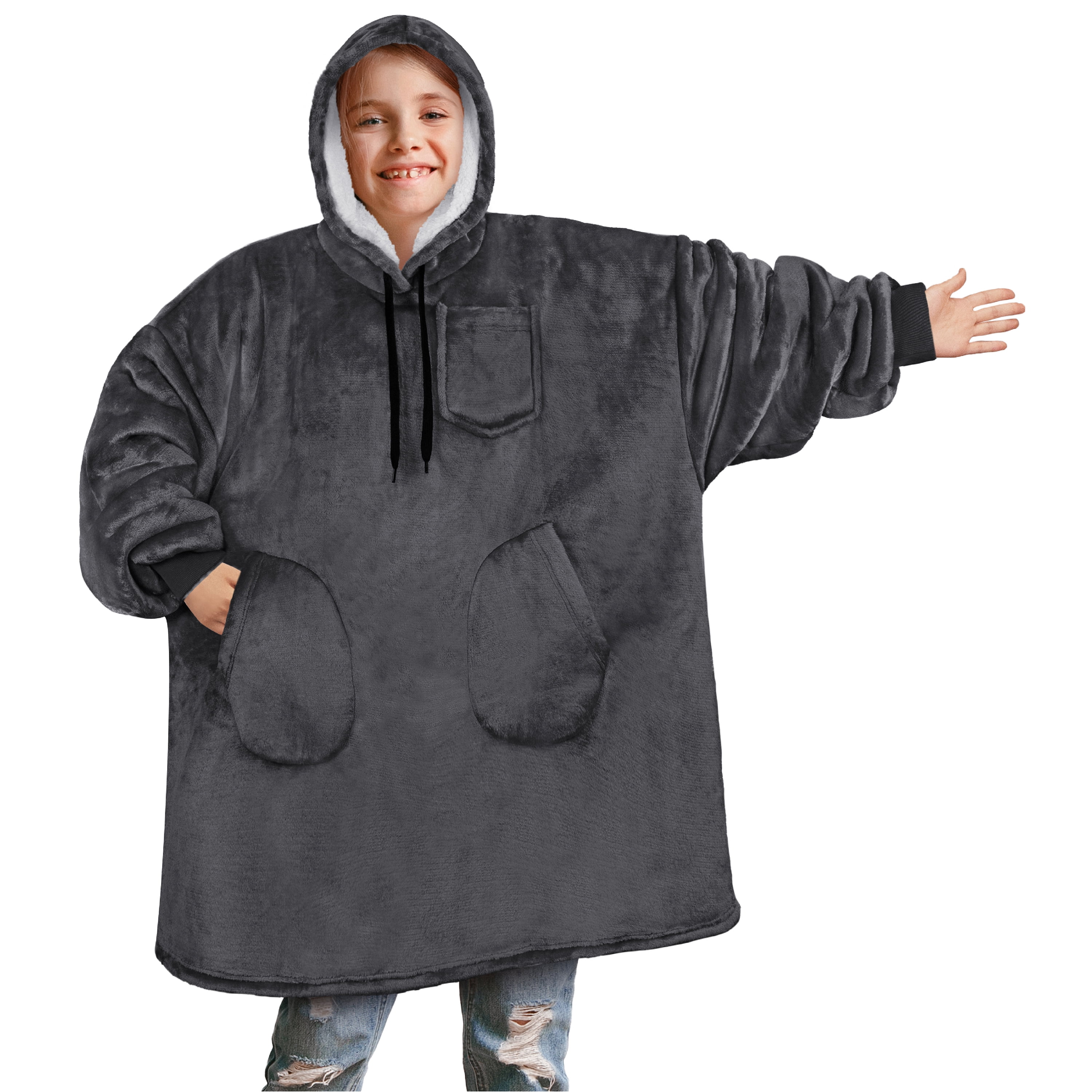 PAVILIA Wearable Blanket Sweatshirt for Kids Boy Girl, Warm Cozy Giant Hoodie with Two Pockets and Long Sleeves, Fleece Sherpa Oversized Hooded Blanket Pullover Gift for Teens Youths, Gray
