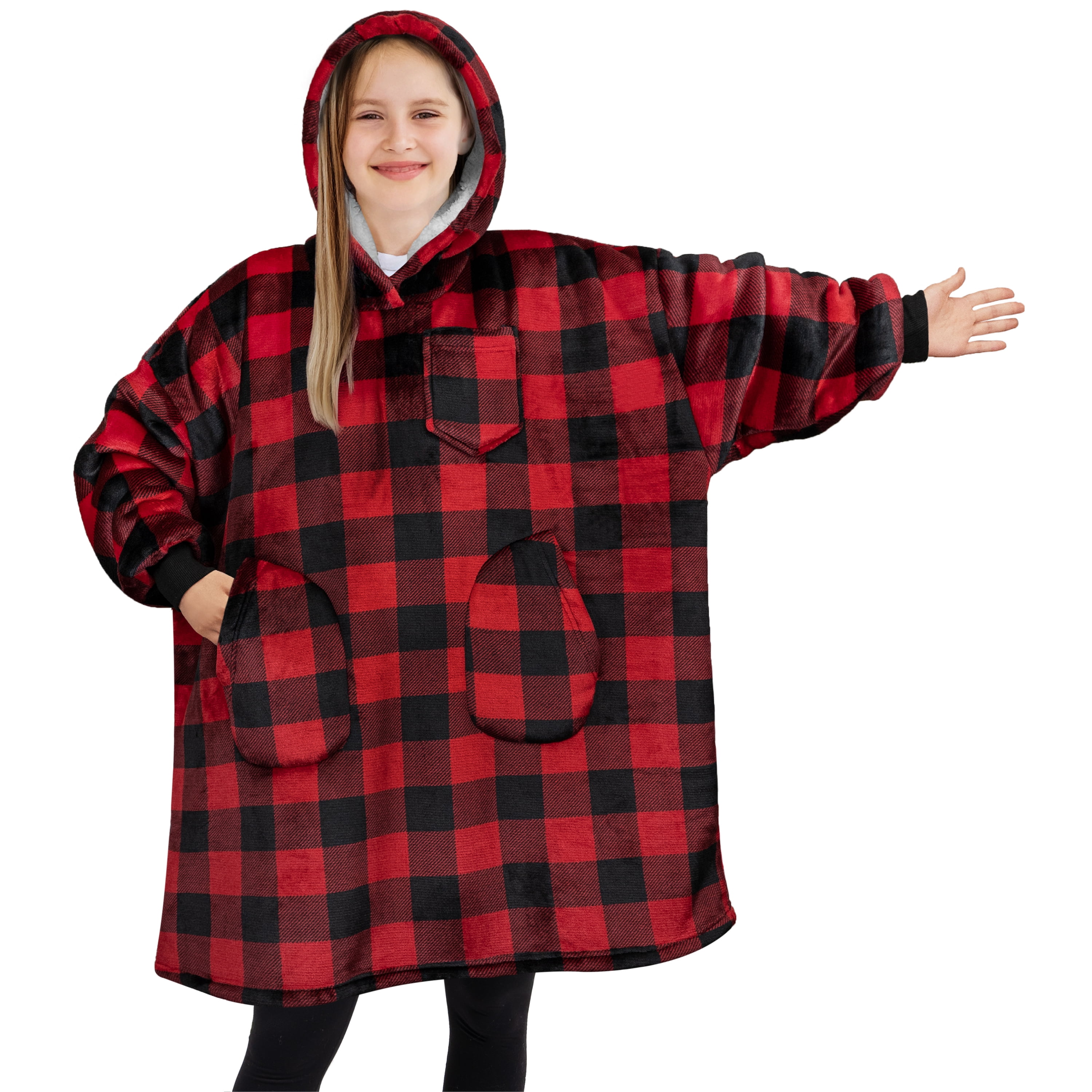 PAVILIA Wearable Blanket Sweatshirt for Kids Boy Girl, Warm Cozy Giant Hoodie with Two Pockets and Long Sleeves, Fleece Sherpa Oversized Hooded Blanket Pullover Gift for Teens Youths, Checker Red