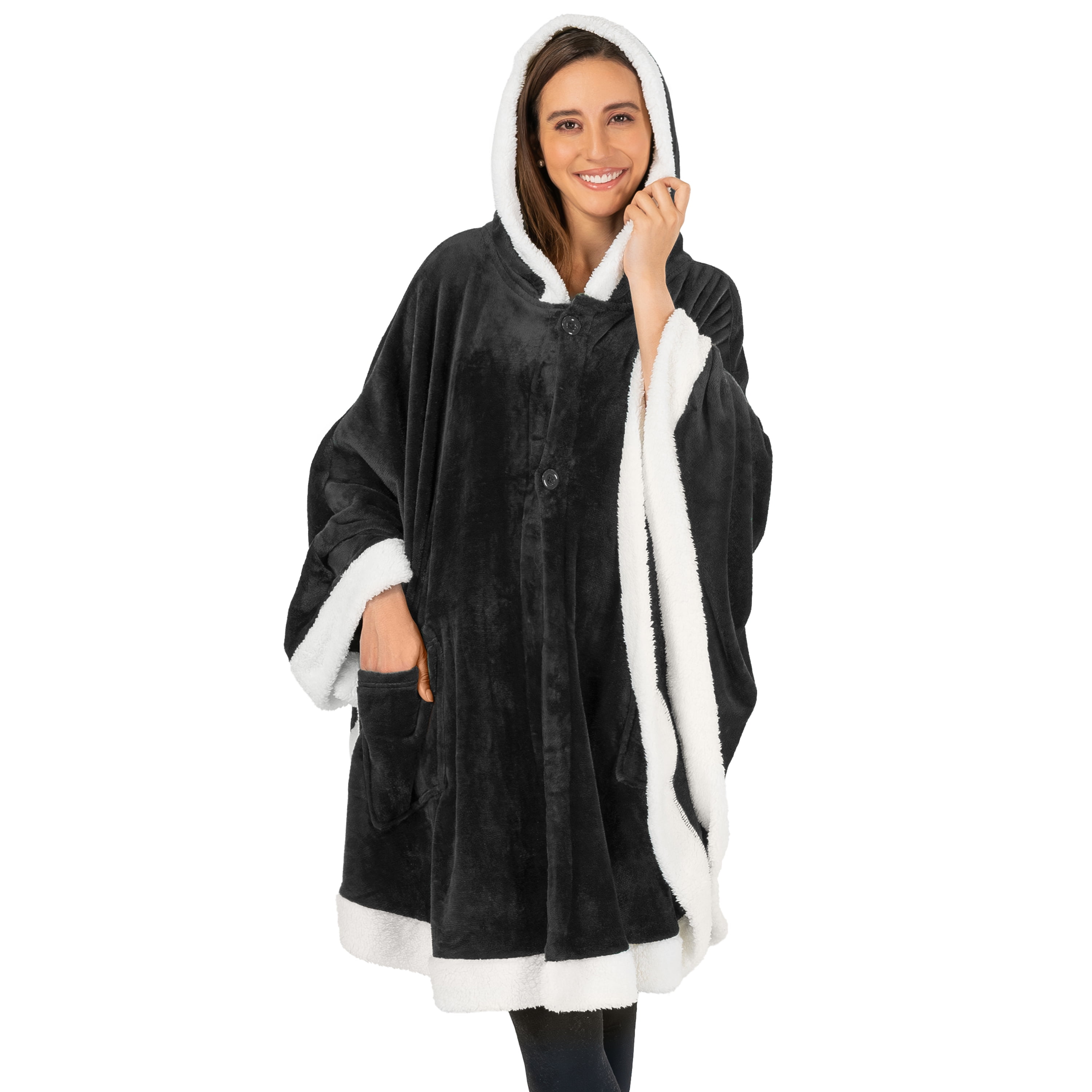 PAVILIA Wearable Blanket for Adult Women, Cozy Plush Fleece Blanket Poncho Cape with Hood, Super Soft Shawl, Angel Wrap Throw for Office, Black