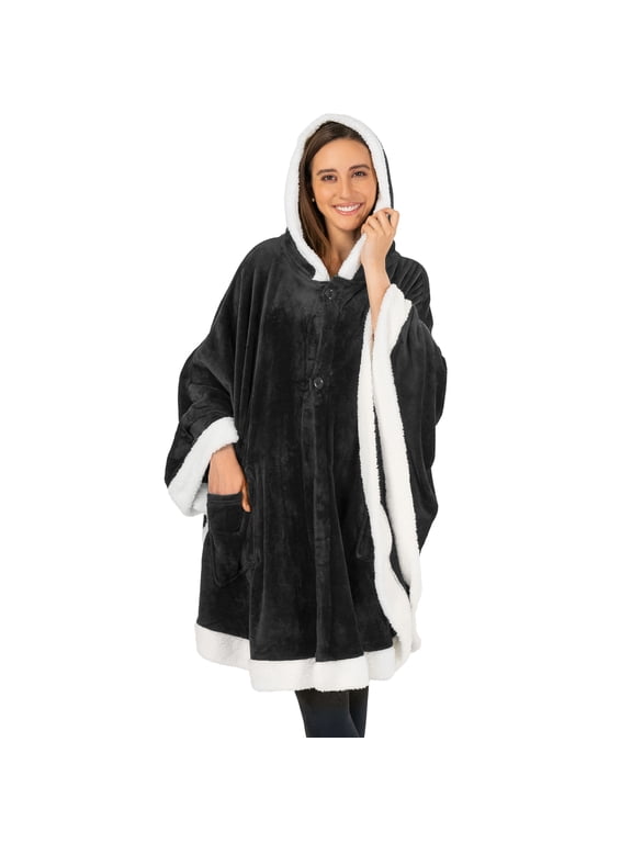 Wearable Blanket for Adult Women, Cozy Plush Fleece Blanket Poncho Cape with Hood, Super Soft Shawl, Angel Wrap Throw for Office, Black