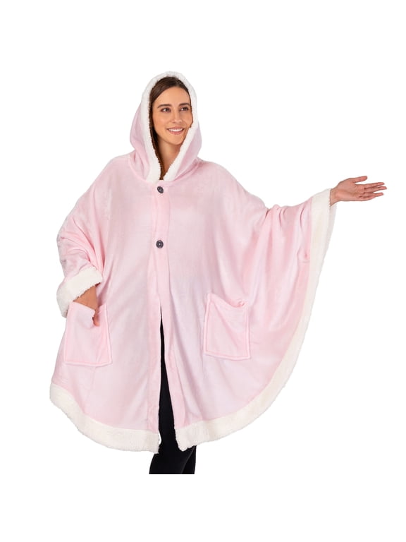 Wearable Blanket for Adult Women, Cozy Plush Fleece Blanket Poncho Cape with Hood, Super Soft Shawl, Angel Wrap Throw for Office, Light Pink