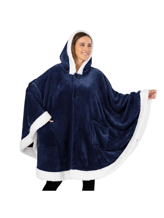 Wearable Blanket for Adult Women, Cozy Plush Fleece Blanket Poncho Cape with Hood, Super Soft Shawl, Angel Wrap Throw for Office, Navy Blue