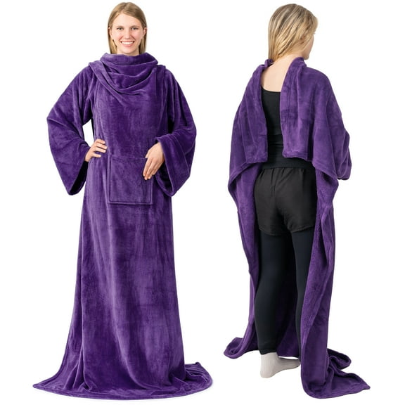 PAVILIA Wearable Blanket with Sleeves for Adult Women Men, Cozy Fleece Warm Wrap Throw Blanket with Arms, Pocket, Gifts for Christmas, Wife, Purple