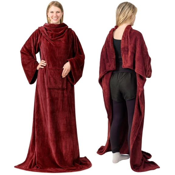 PAVILIA Wearable Blanket with Sleeves for Adult Women Men, Cozy Fleece Warm Wrap Throw Blanket with Arms, Pocket, Gifts for Christmas, Wife, Wine Red