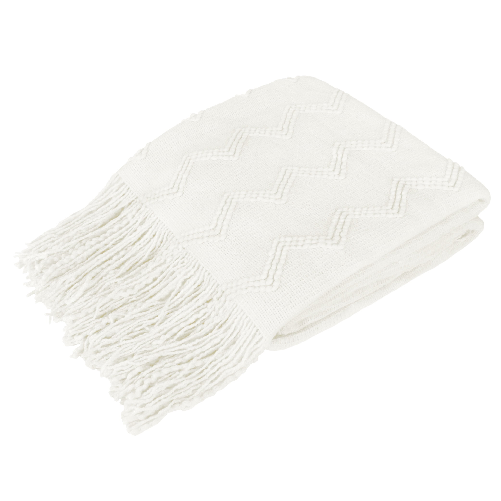 White Knit Textured Fleece Throw Blanket with Fringe Tassels