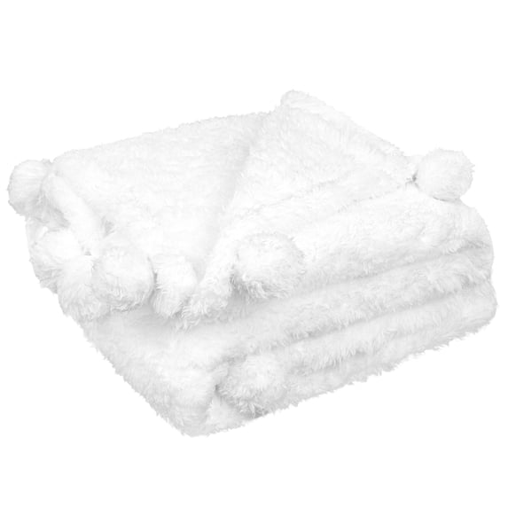 PAVILIA White Sherpa Throw Blanket with Soft Pom Pom Fringe, Plush Cozy Warm Blankets for Couch Bed Sofa, Fuzzy Fleece Throw with Pompom, Lightweight Fluffy, White 50x60 in
