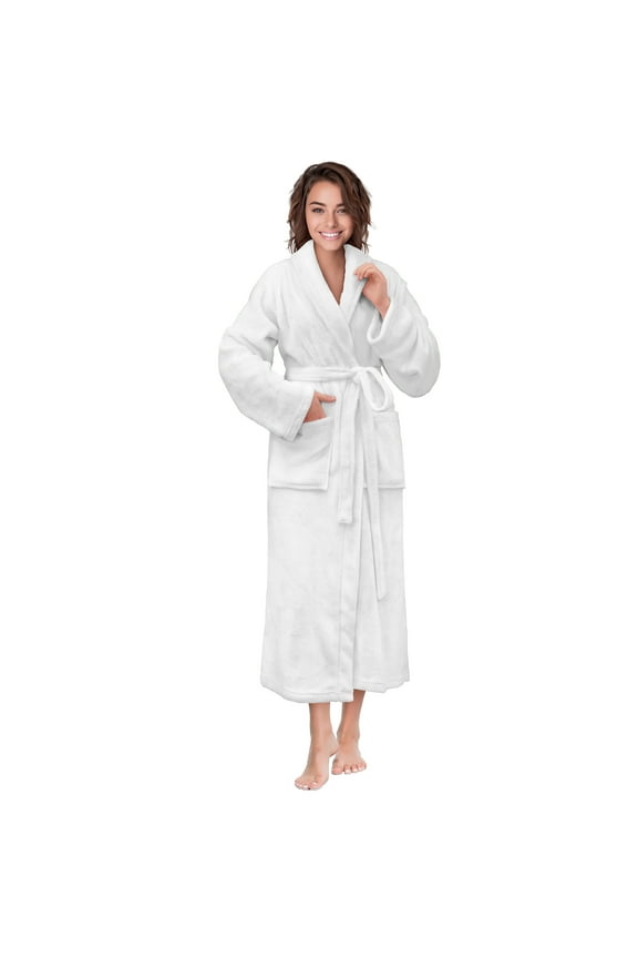 White Women Robe Fleece Plush Soft, Fluffy Fuzzy Cozy Warm Lightweight Bathrobe, Shower Spa House Long Robe for Women, S/M