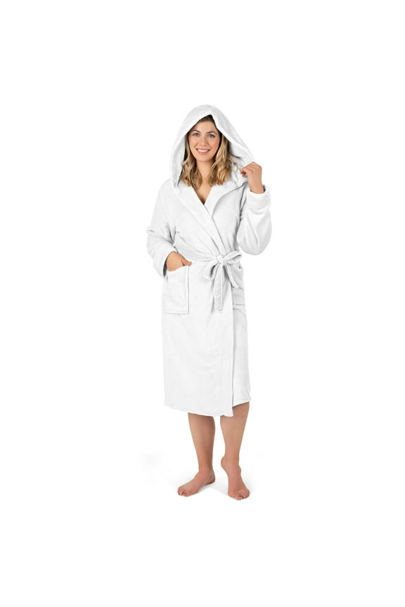 White Women Robe with Hood, Fleece Lightweight Soft Long Hooded Robe for Women, Plush Fuzzy Cozy Warm Bathrobe Shower Spa House, L/XL