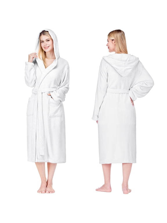 Womens Hooded Fleece Robe, Soft Plush Long Bathrobe, S/M, White