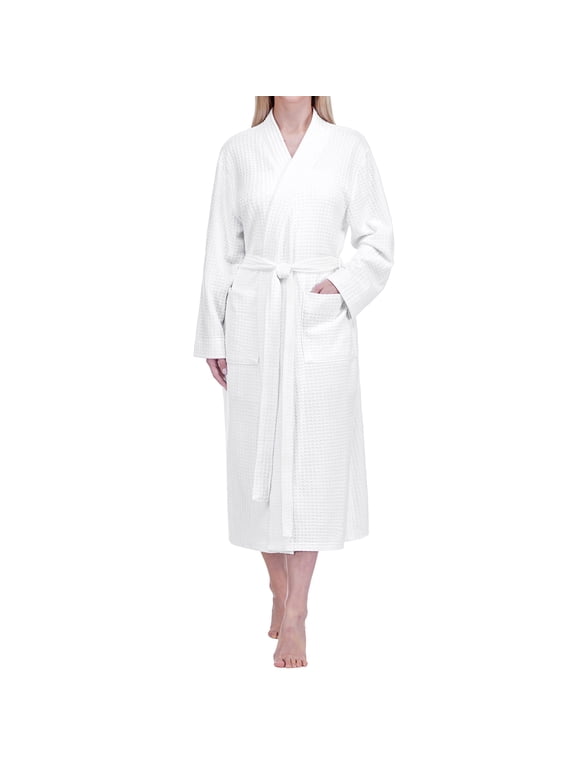 Womens Waffle Robe Lightweight Cotton Blend Bathrobe, White, L/XL