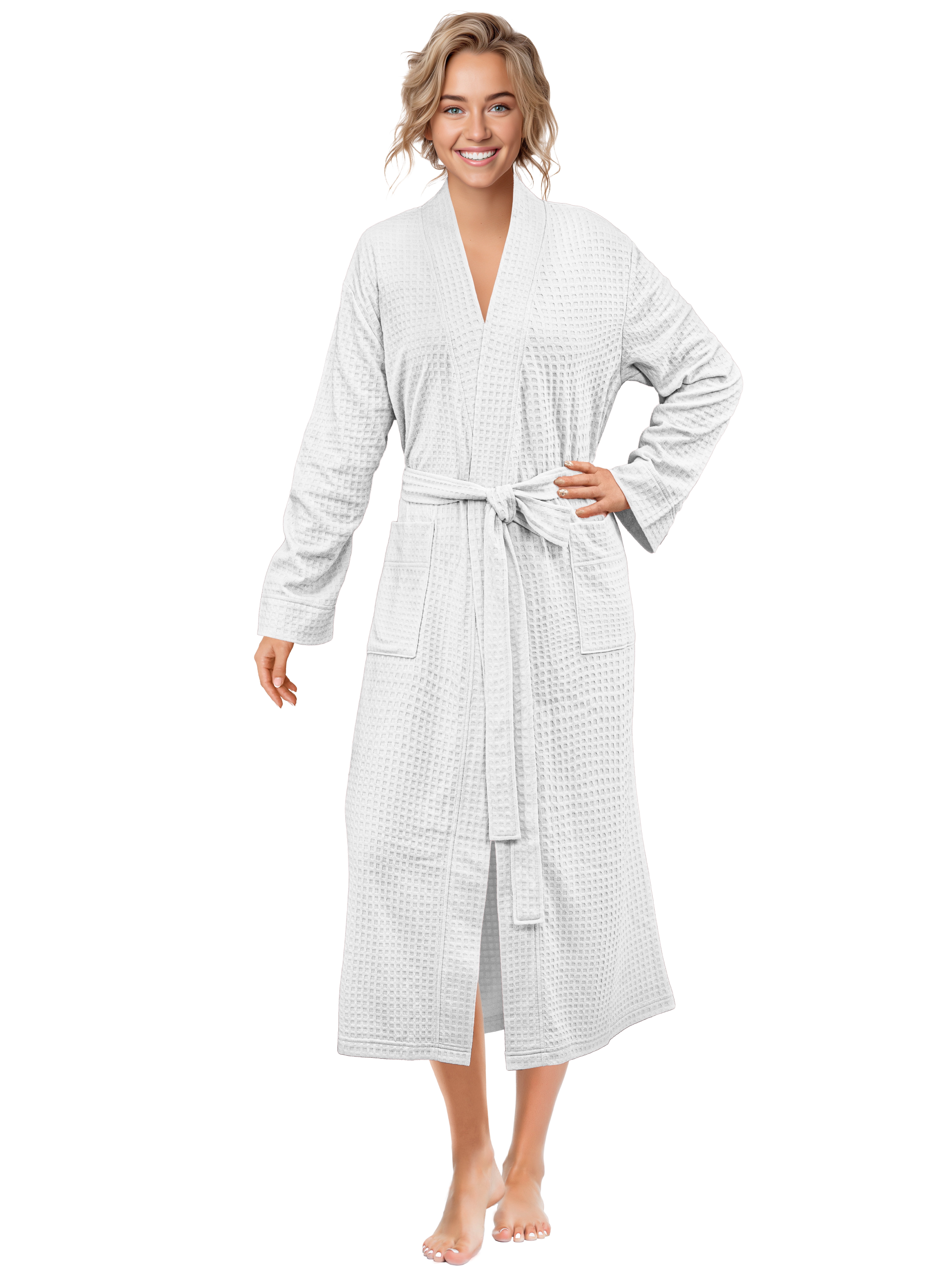 PAVILIA White Women Waffle Knit Kimono Robe, Soft Cozy Breathable Lightweight Bathrobe with Side Pockets, Shower Spa House Long Robe for Women, S/M