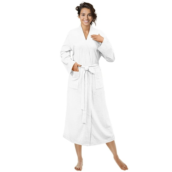 PAVILIA White Women Waffle Knit Kimono Robe, Soft Cozy Breathable Lightweight Bathrobe with Side Pockets, Shower Spa House Long Robe for Women, S/M