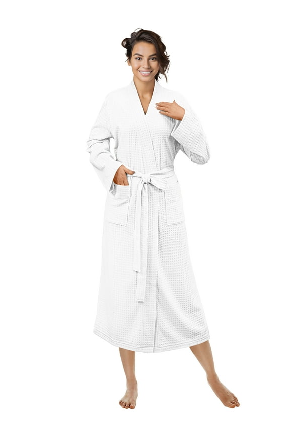 White Women Waffle Knit Kimono Robe, Soft Cozy Breathable Lightweight Bathrobe with Side Pockets, Shower Spa House Long Robe for Women, S/M