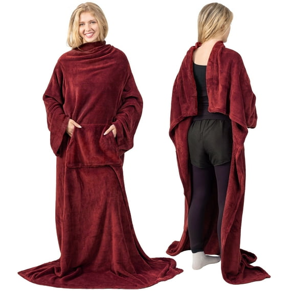 PAVILIA Wine Red Fleece Wearable Blanket with Sleeves for Adults Women Men, Soft Warm Full Body Wrap Throw, Sweatshirt Pocket, Cozy Pullover Robe Blanket with Arm, Gifts for Christmas Mom Wife