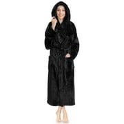 Women Hooded Plush Soft Robe | Fluffy Warm Fleece Sherpa Shaggy Bathrobe (2XL/3XL, Black)