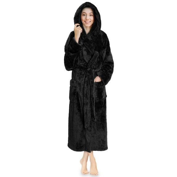 PAVILIA Women Hooded Plush Soft Robe | Fluffy Warm Fleece Sherpa Shaggy Bathrobe (2XL/3XL, Black)