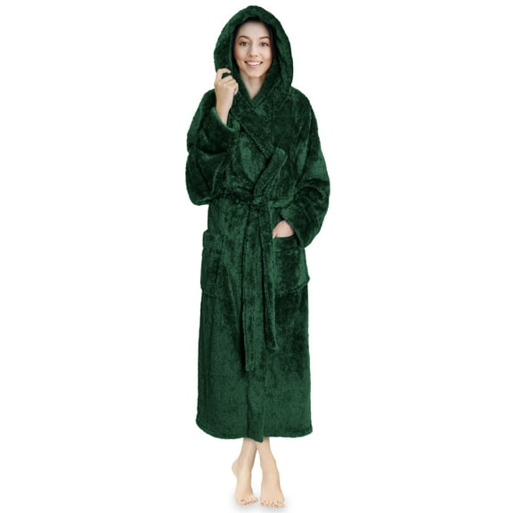 PAVILIA Women Hooded Plush Soft Robe | Fluffy Warm Fleece Sherpa Shaggy Bathrobe (2XL/3XL, Green)