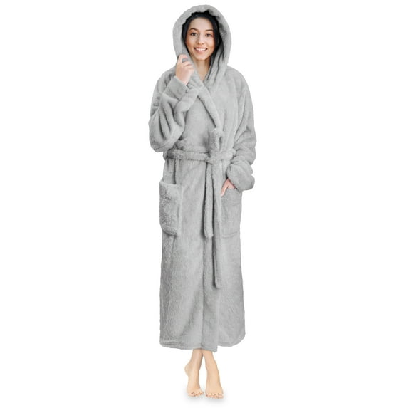 PAVILIA Women Hooded Plush Soft Robe | Fluffy Warm Fleece Sherpa Shaggy Bathrobe (2XL/3XL, Light Gray)