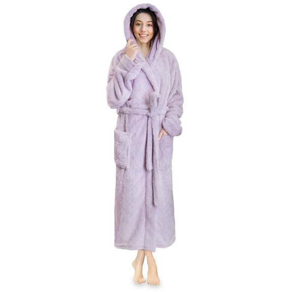 PAVILIA Women Hooded Plush Soft Robe | Fluffy Warm Fleece Sherpa Shaggy Bathrobe (2XL/3XL, Light Purple)