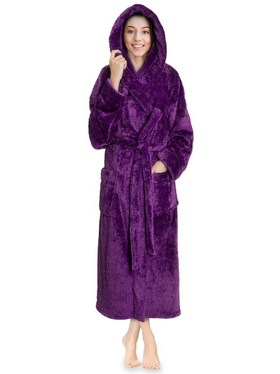 Women Hooded Sherpa Fleece Robe Long Plush Bathrobe, 2XL/3XL Purple