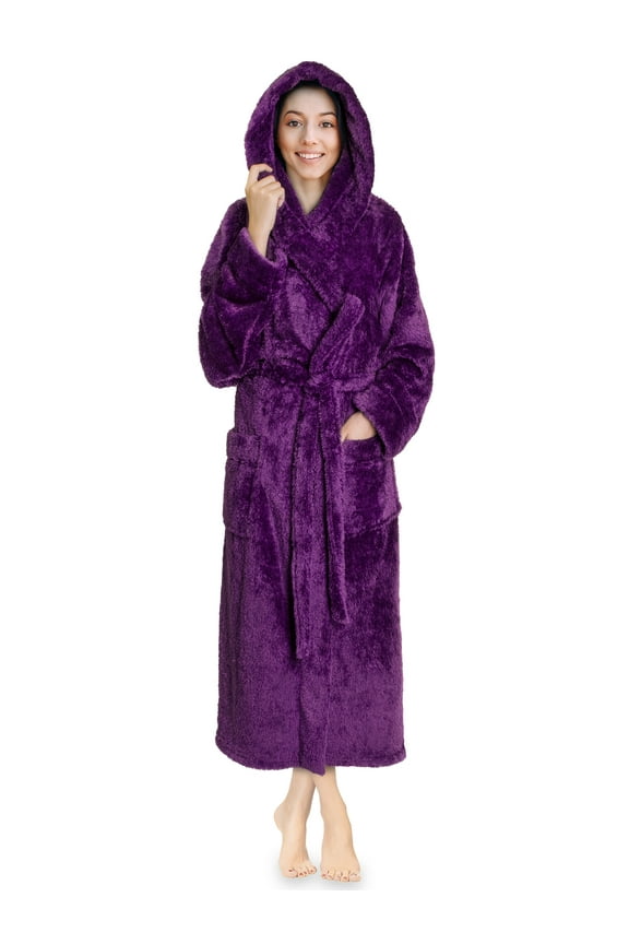 Women Hooded Plush Soft Robe | Fluffy Warm Fleece Sherpa Shaggy Bathrobe (2XL/3XL, Purple)