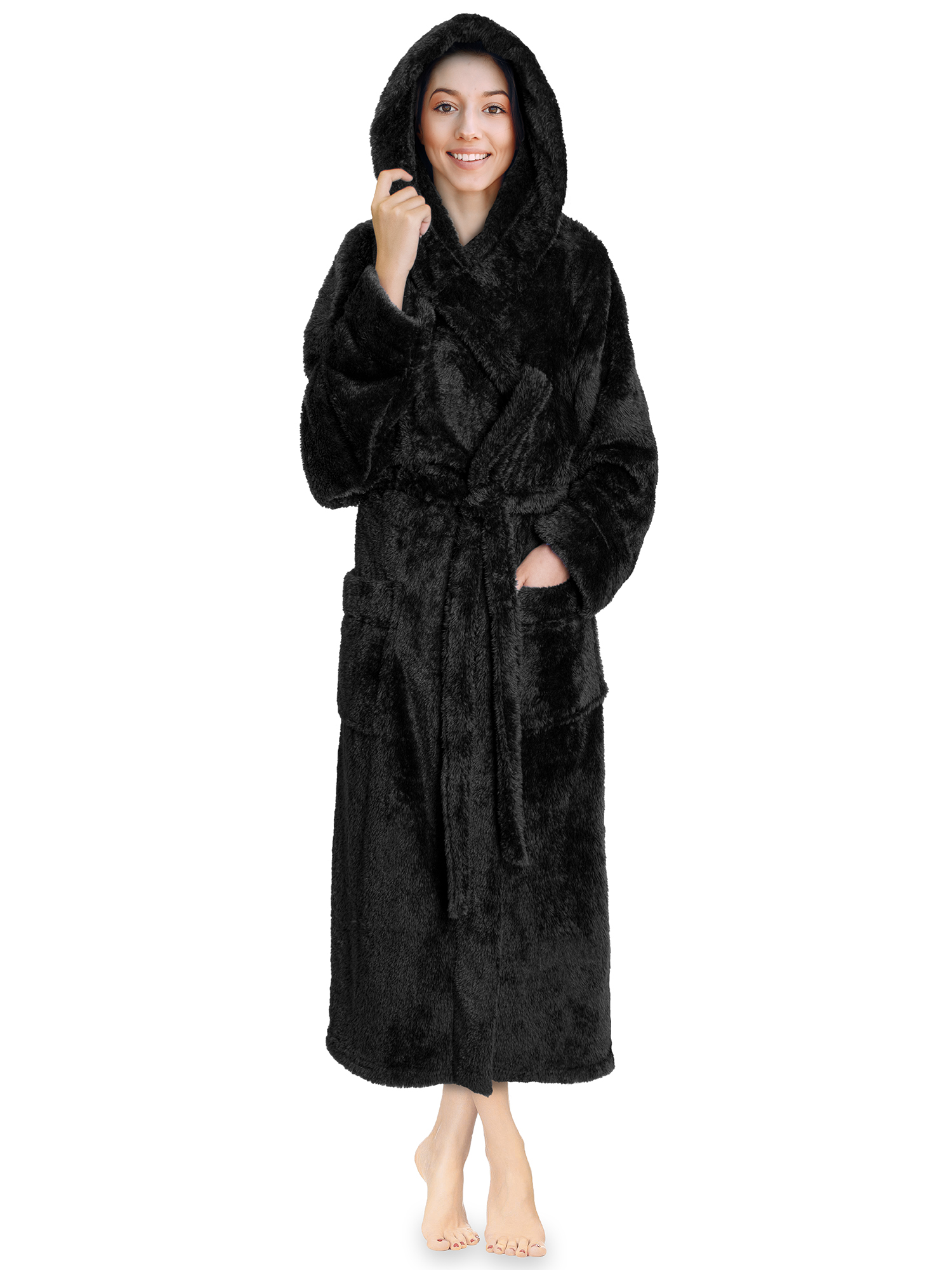 PAVILIA Women Hooded Plush Soft Robe | Fluffy Warm Fleece Sherpa Shaggy Bathrobe (L/XL, Black) - image 1 of 7