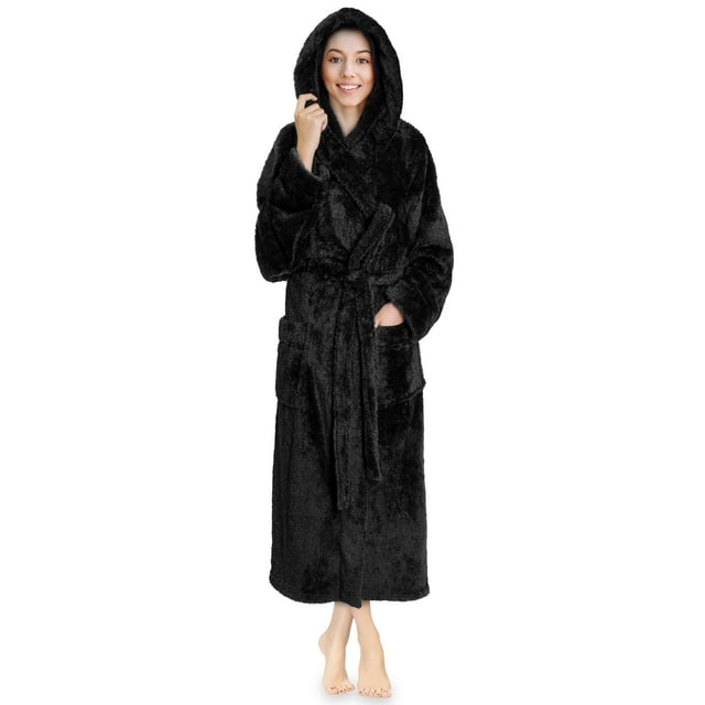 PAVILIA Women Hooded Plush Soft Robe | Fluffy Warm Fleece Sherpa Shaggy Bathrobe (L/XL, Black)