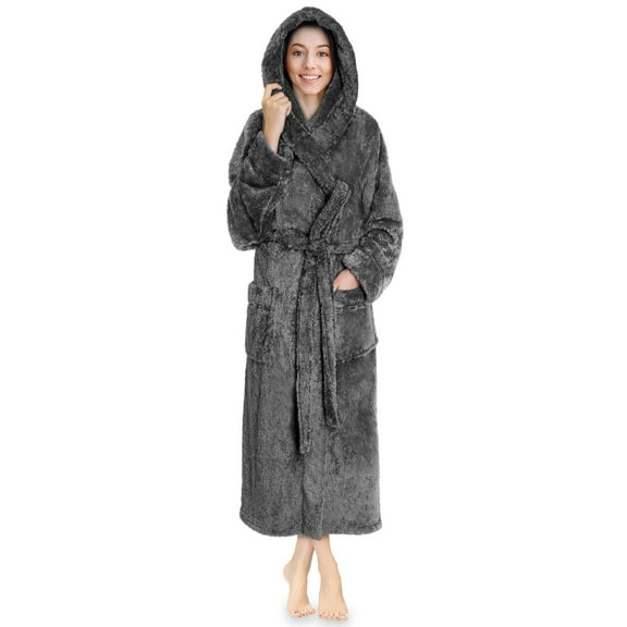 PAVILIA Women Hooded Plush Soft Robe | Fluffy Warm Fleece Sherpa Shaggy Bathrobe (L/XL, Gray)