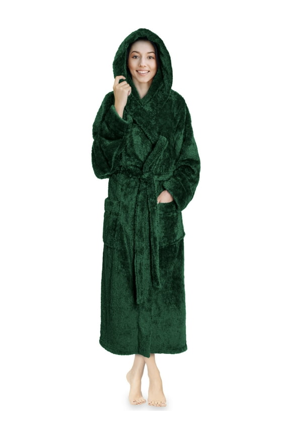 Women Hooded Plush Soft Robe | Fluffy Warm Fleece Sherpa Shaggy Bathrobe (L/XL, Green)