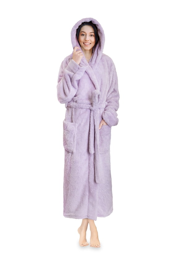 Women Hooded Plush Soft Robe | Fluffy Warm Fleece Sherpa Shaggy Bathrobe (L/XL, Lavender Purple)