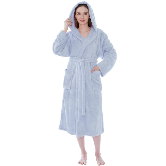PAVILIA Women Hooded Plush Soft Robe | Fluffy Warm Fleece Sherpa Shaggy Bathrobe (L/XL, Light Blue)