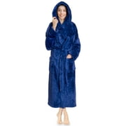 PAVILIA Women Hooded Plush Soft Robe | Fluffy Warm Fleece Sherpa Shaggy Bathrobe (L/XL, Royal Blue)