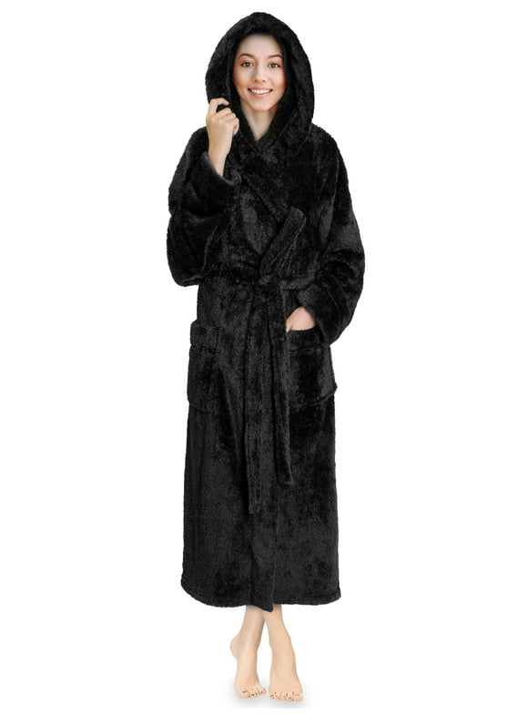 Women Hooded Plush Soft Robe | Fluffy Warm Fleece Sherpa Shaggy Bathrobe (S/M, Black)