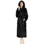 PAVILIA Women Hooded Plush Soft Robe | Fluffy Warm Fleece Sherpa Shaggy Bathrobe (S/M, Black)