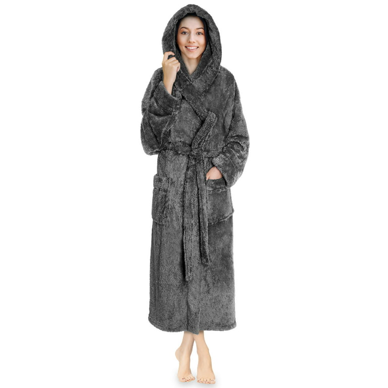 PAVILIA Women Hooded Plush Soft Robe  Fluffy Warm Fleece Sherpa Shaggy  Bathrobe (S/M, Gray) 
