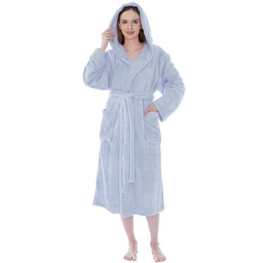 PAVILIA Women Hooded Plush Soft Robe | Fluffy Warm Fleece Sherpa Shaggy Bathrobe (S/M, Light Blue)