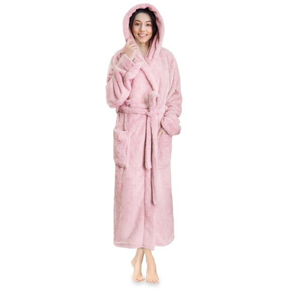 PAVILIA Women Hooded Plush Soft Robe | Fluffy Warm Fleece Sherpa Shaggy Bathrobe (S/M, Light Pink)