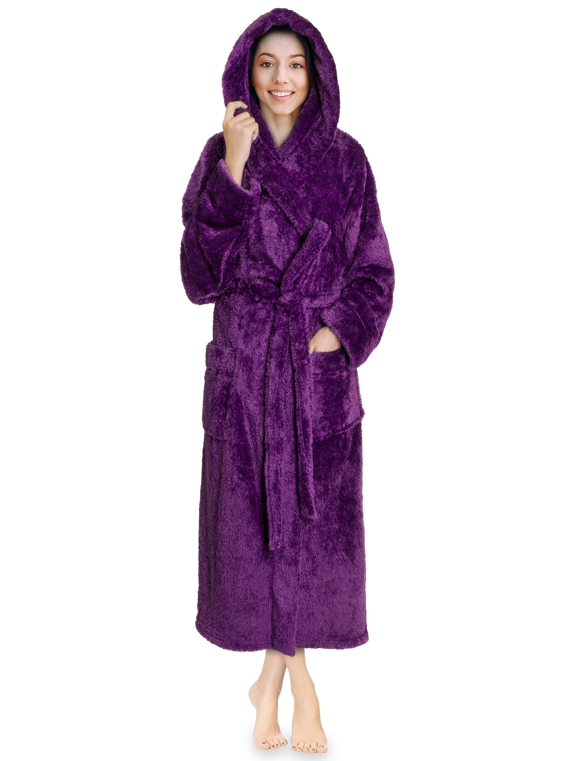 PAVILIA Women Hooded Plush Soft Robe Fluffy Warm Fleece Sherpa Shaggy