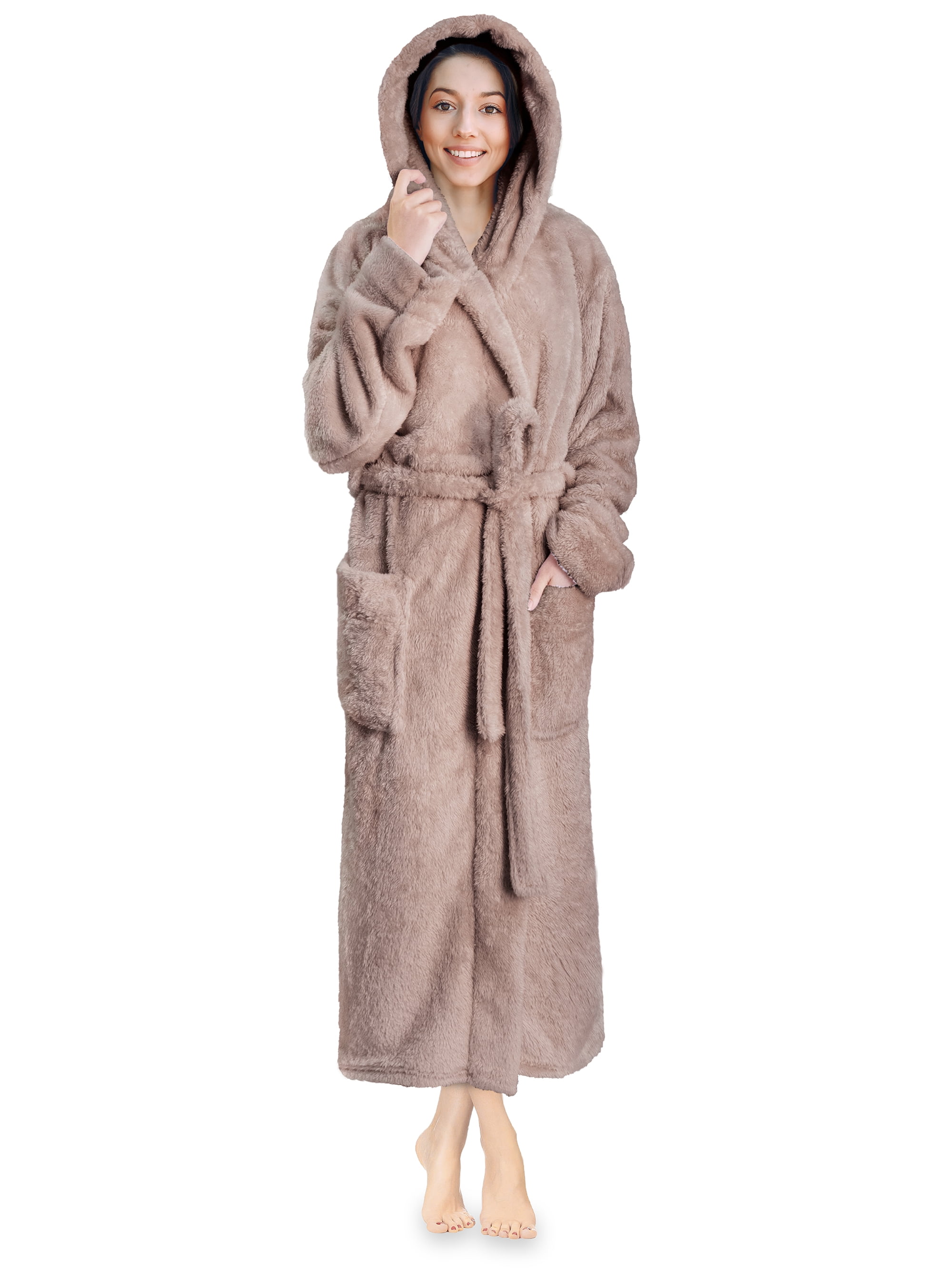 Avamo Ladies Sherpa Robes Solid Color Sleepwear Hooded Fuzzy Plush Bathrobe  Plain Fleece Robe Sleeping Dressing Gown Gray XL 