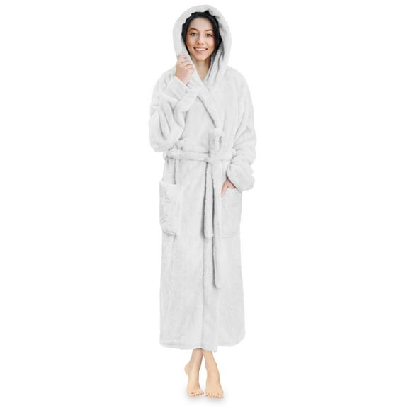 PAVILIA Women Hooded Plush Soft Robe | Fluffy Warm Fleece Sherpa Shaggy Bathrobe (S/M, White)