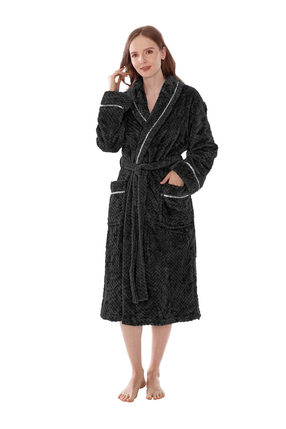 Plush Robe for Women, Soft Fleece Long Spa Robe, Ladies Bathrobe with Pockets, Warm Fuzzy Housecoat, Black, S/M