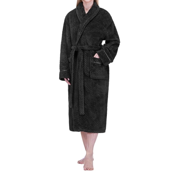 PAVILIA Women Plush Fleece Robe, Black Soft Textured Bathrobe, Lady Cozy Spa Long Robe, Fuzzy Satin Waffle Trim, S/M