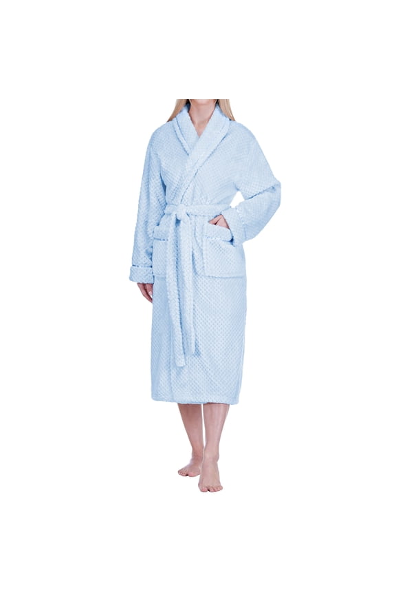 Women Plush Fleece Robe, Light Blue Soft Textured Bathrobe, Lady Cozy Spa Long Robe, Fuzzy Satin Waffle Trim, S/M