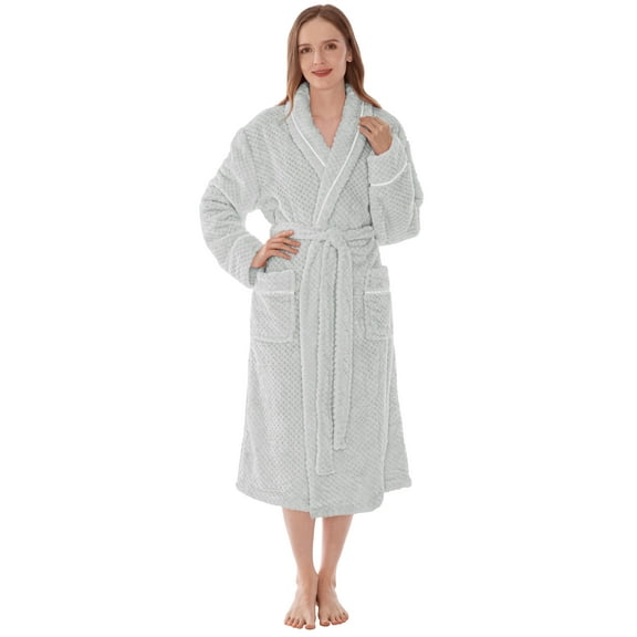 Women's Waffle Textured Satin Trim Fleece Robe (Light Gray, S/M)