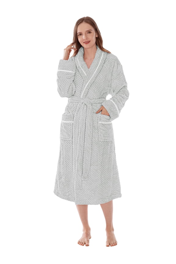 Plush Robe for Women, Soft Fleece Long Spa Robe, Ladies Bathrobe with Pockets, Warm Fuzzy Housecoat, Light Grey, S/M