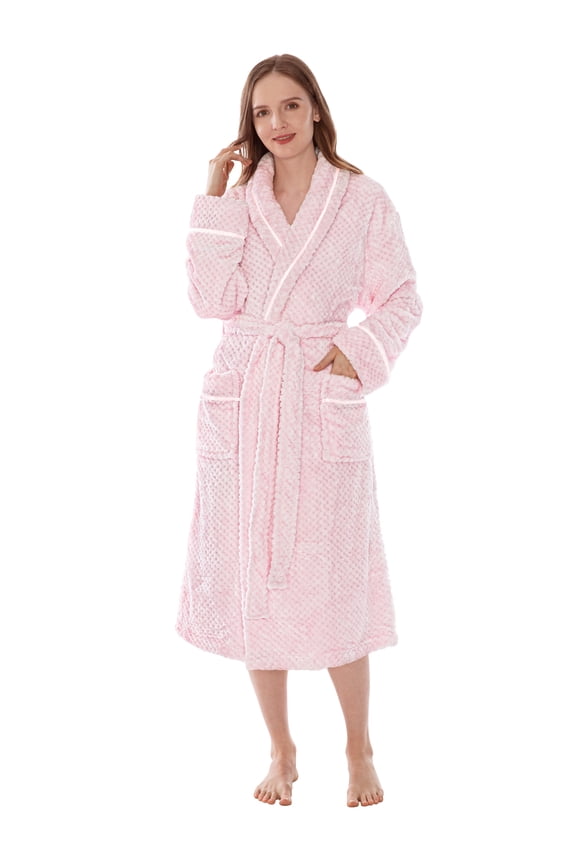 Plush Robe for Women, Soft Fleece Long Spa Robe, Ladies Bathrobe with Pockets, Warm Fuzzy Housecoat, Pink, L/XL