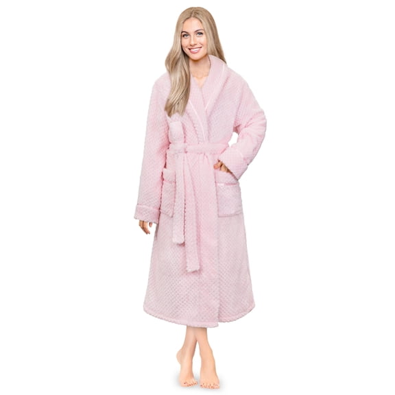Women's Waffle Textured Satin Trim Fleece Robe (Dusty Rose, L/XL)