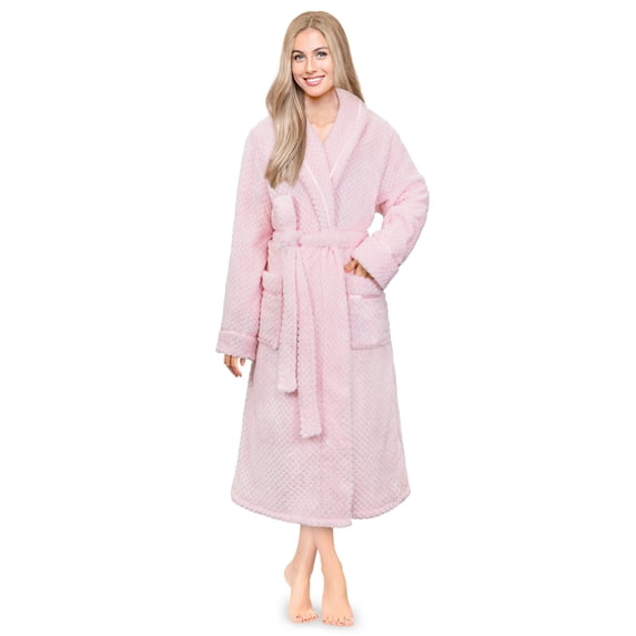 Women's Waffle Textured Satin Trim Fleece Robe (Dusty Rose, L/XL)